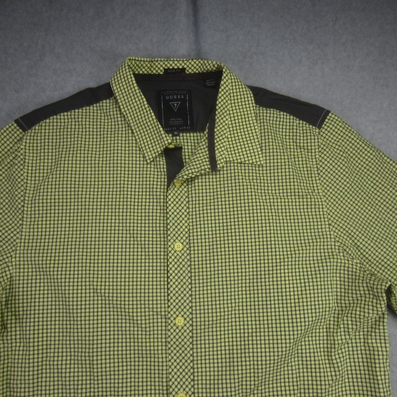 GUESS Shirt Mens XL Yellow Green Plaid Slim Fit Button Up Long Sleeve Casual UAE - Picture 2 of 16